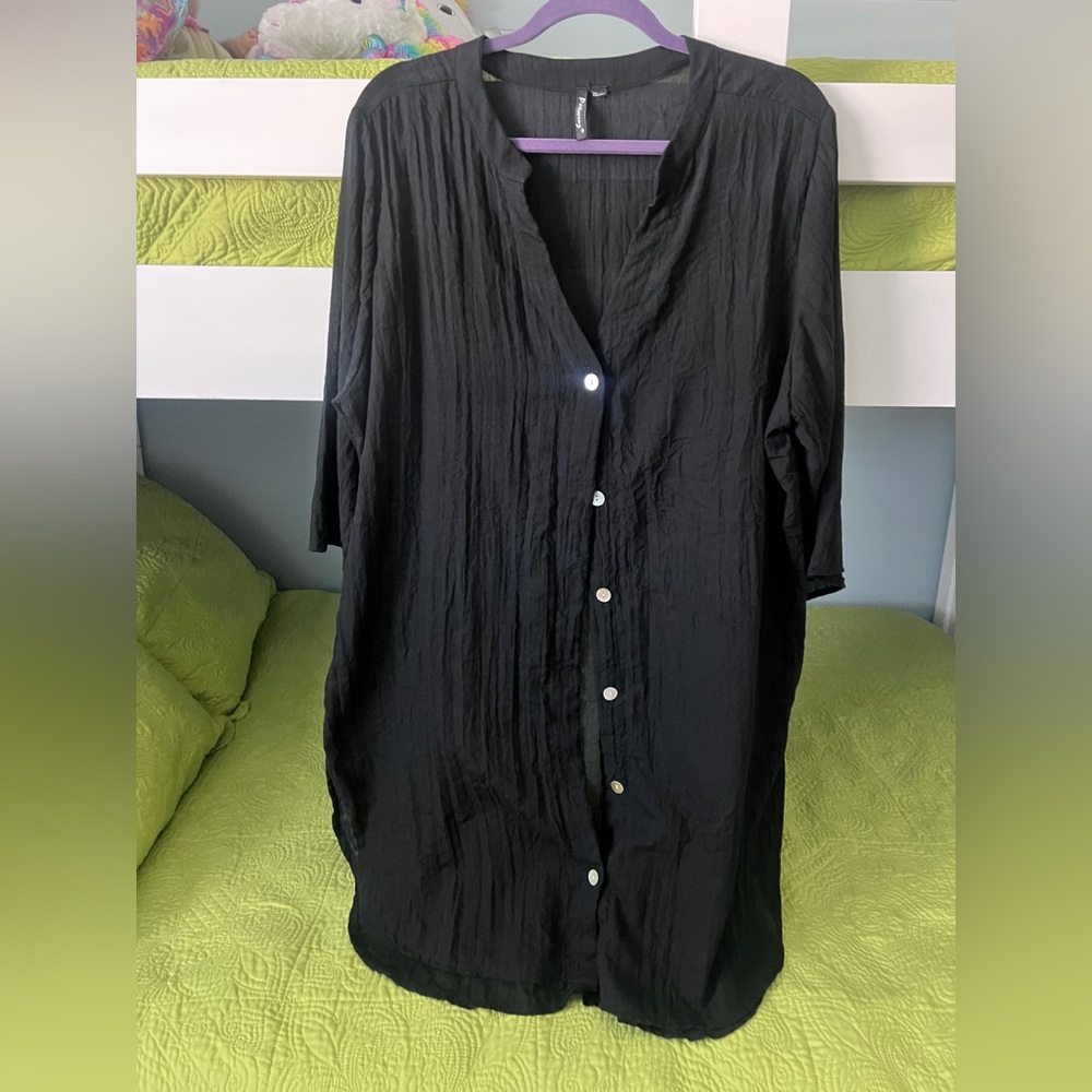 Portocruz Black Crinkle Button-Front Cover-up Shirt Dress L/XL